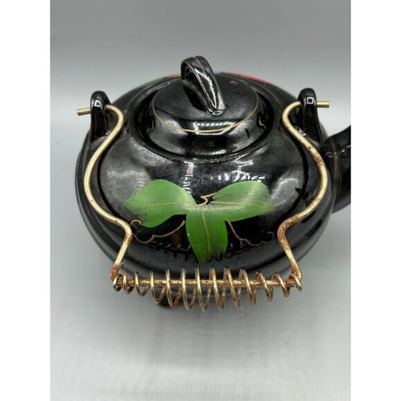 Vtg Wales Black Teapot With Hand Painted Fruit Design‎ Coiled Metal Handle - Picture 4 of 10